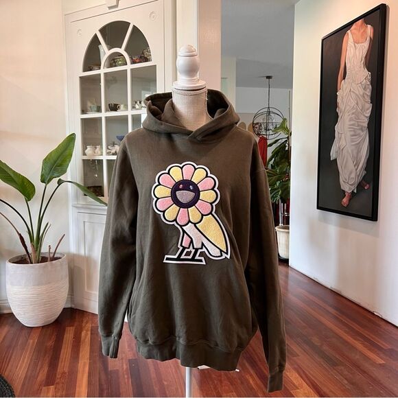 OVO Tops - Takashi Murakami x OVO Surplus Flower Owl Hoodie Military Green